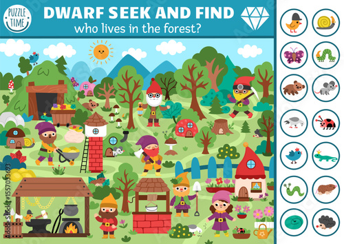 Vector searching game with dwarf village landscape. Spot hidden objects. Seek and find printable activity for kids with forest animals. Magic woodland worksheet with bird, mole, snake, mouse