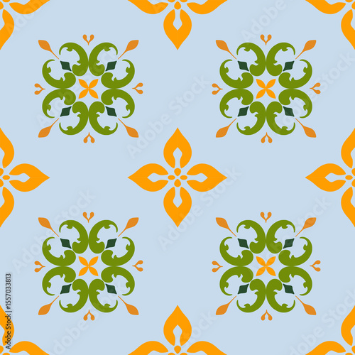 Ceramic Tile Pattern Design - Decorative Tile Floral Motif Background - Mediterranean Tile Ornamental Print for Kitchen Bathroom Interior Decor