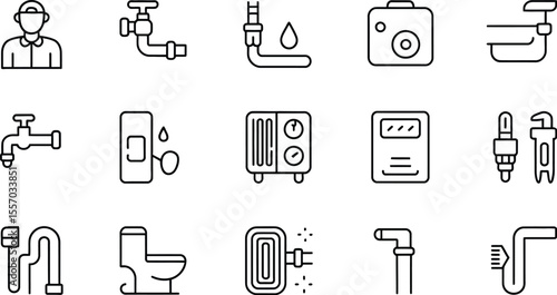 Outline icons representing plumbing and construction related objects and tools