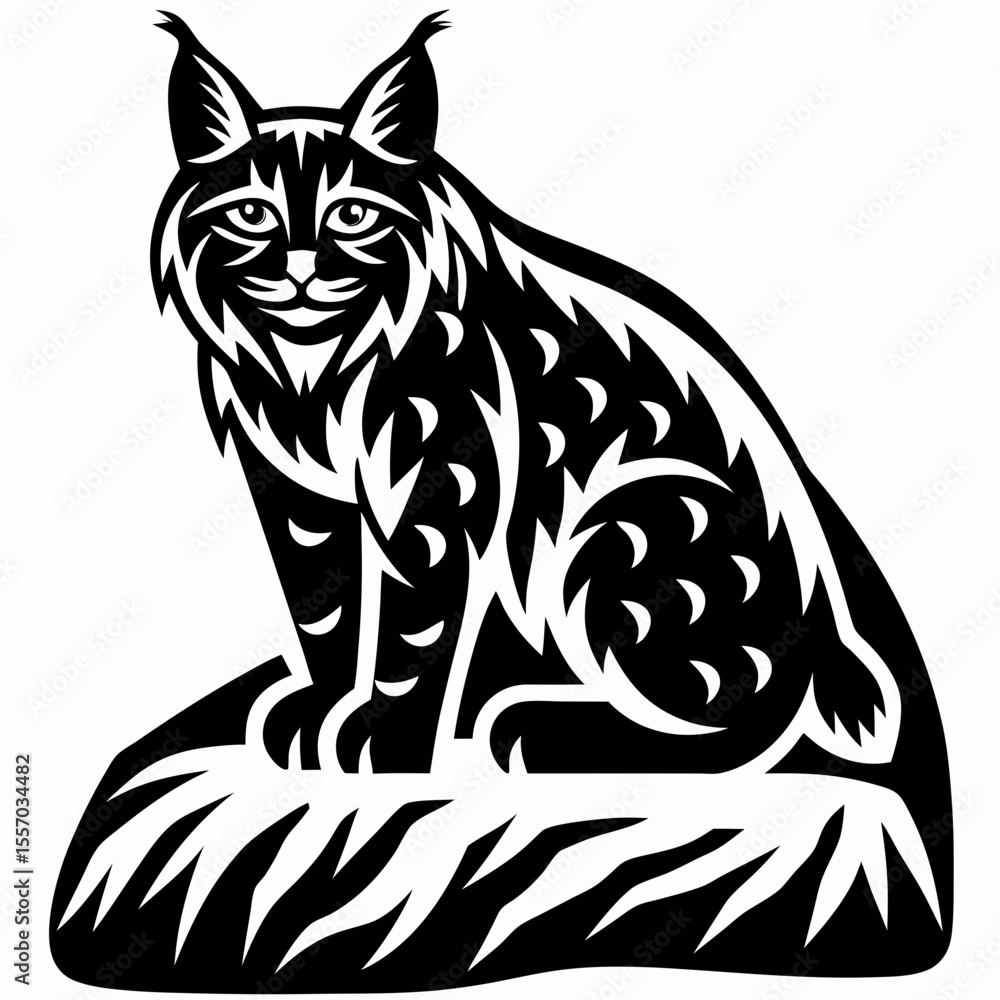 Fototapeta premium Forest Lynx Sitting on Snowy Rock Black and White Illustration