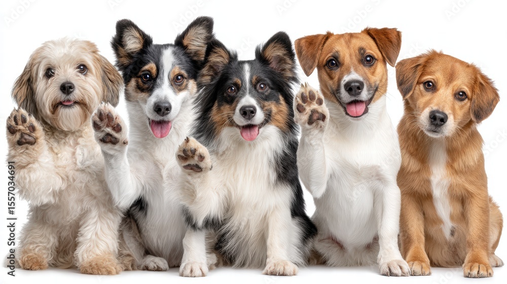 A group of joyful dogs are happily giving high fives with playful expressions showing off their vibrance in a playful white backdrop setting. A group of joyful dogs are happily giving high fives with playful expressions showing off their vibrance in a playful white backdrop setting.