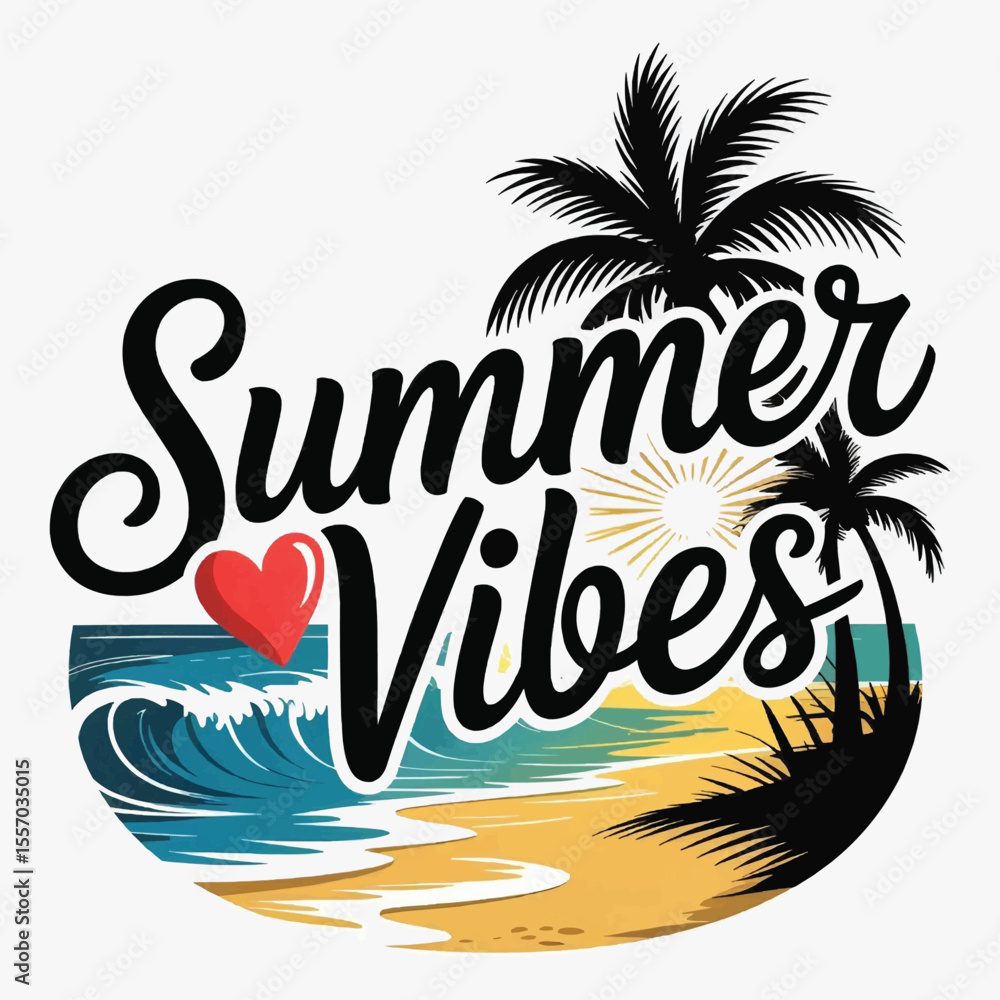 Obraz premium Summer Vibes with Heart and Palm Dreams on Crisp White Canvas, Summer Vibes T-shirt Vector Typography Design