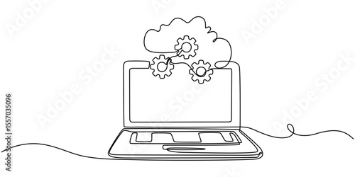 Laptop computer with cloud icon, Digital technologies. Continuous One  line drawing of Exchange of information between the laptop and the cloud. A laptop glow downloads files into the cloud storage.