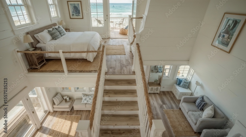Obraz premium Beach house loft bedroom with rope railings and ocean deck access