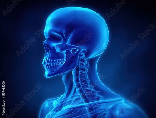 Anatomical blueprint of the human skull illuminated in vivid blue tones revealing intricate skeletal structure and neurological pathways in a striking visual representation of human anatomy