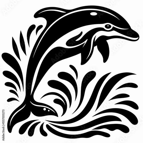 Elegant Black and White Dolphin Leaping from Ocean Waves Vector Illustration