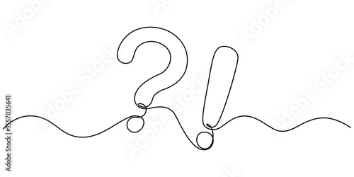 Question and exclamation marks continuous one line drawing, Continuous single line drawing of a question mark and an exclamation mark. Editable line, Question mark and Exclamation mark continuous line