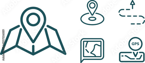 Illustration of map icons including gps location pin route and navigation symbols