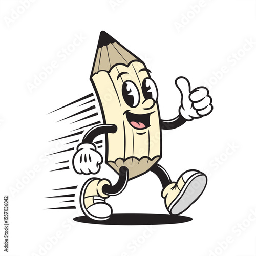 Cartoon illustration of running pencil mascot for t-shirt design
