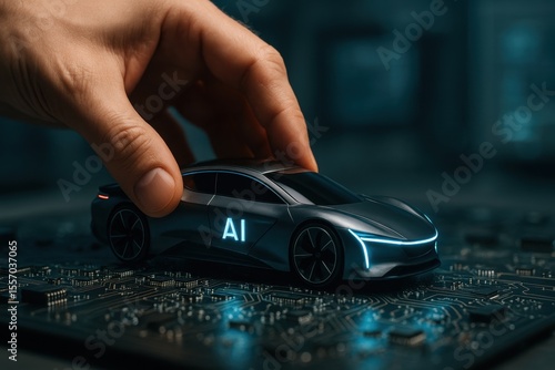 AI-Powered Automotive Future: A close-up shot of a hand interacting with a sleek, futuristic car model, representing the innovative technology and future of transportation.