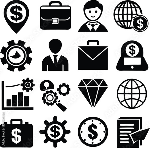 Assorted Business and Finance Icon Set Depicting Global Economics Investment Time Management and Professional Growth in a Clean Modern and Minimalist Black and White Style