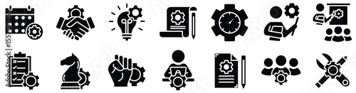 Solid Business Management Icon Set – Black Filled Symbols Representing Strategy, Planning, Teamwork, and Innovation