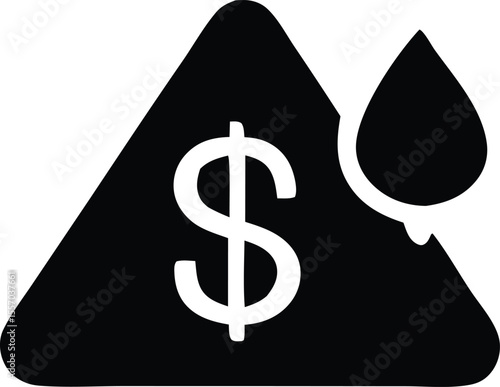 Black and White Icon Illustrating Financial Risk with a Dollar Sign Inside a Warning Triangle and a Droplet Symbolizing Economic Instability and Potential Loss