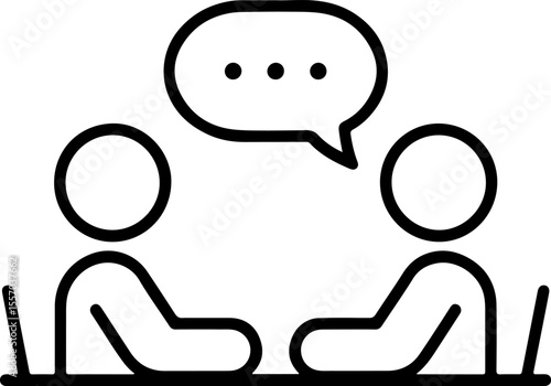 Two people sitting at a table with a speech bubble indicating conversation
