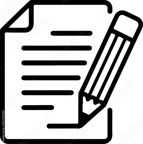 Simple black and white icon representing a document with lines of text and a pencil writing on it