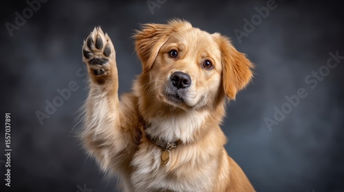 A joyful golden retriever with bright eyes raises its paw in a playful manner against a blurred, high fidelity studio background setting v2-6x.
