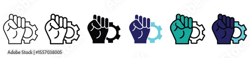Empowerment and Action Icon Set – Multicolored Fist and Gear Symbols Representing Strength, Motivation, Leadership, and Productivity
