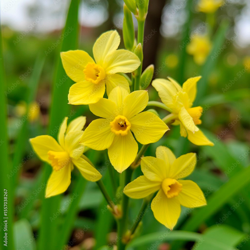 Obraz premium Yellow flowers blooming in green grass during spring season 
