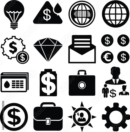 A Collection of Black and White Business and Finance Icons Depicting Concepts of Money Global Trade Innovation and Professionalism in a Graphic Arrangement