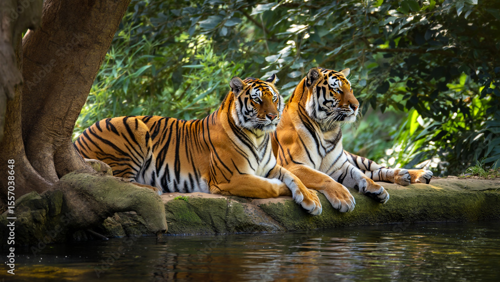Obraz premium Two Tigers Resting Beside Water Under Green Foliage