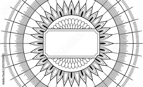 A decorative zenith design with floral elements and geometric line patterns around it