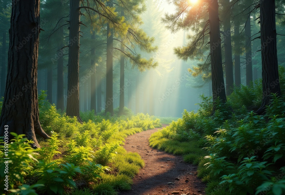 Obraz premium vibrant hiking trail through lush dense pine forest surrounded greenery natural beauty, trees, woods, path, landscape, outdoors, scenic, vegetation