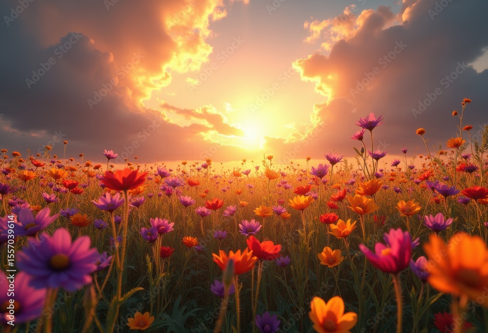 Obraz premium vibrant wildflower field under dramatic sky bold colors nature landscape scenic blooming meadow, rainbow, lgbtq, lgbt, pride, colorful, love, equality, petal
