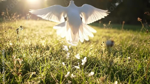 White Dove Flying Over Sunny Grass Field