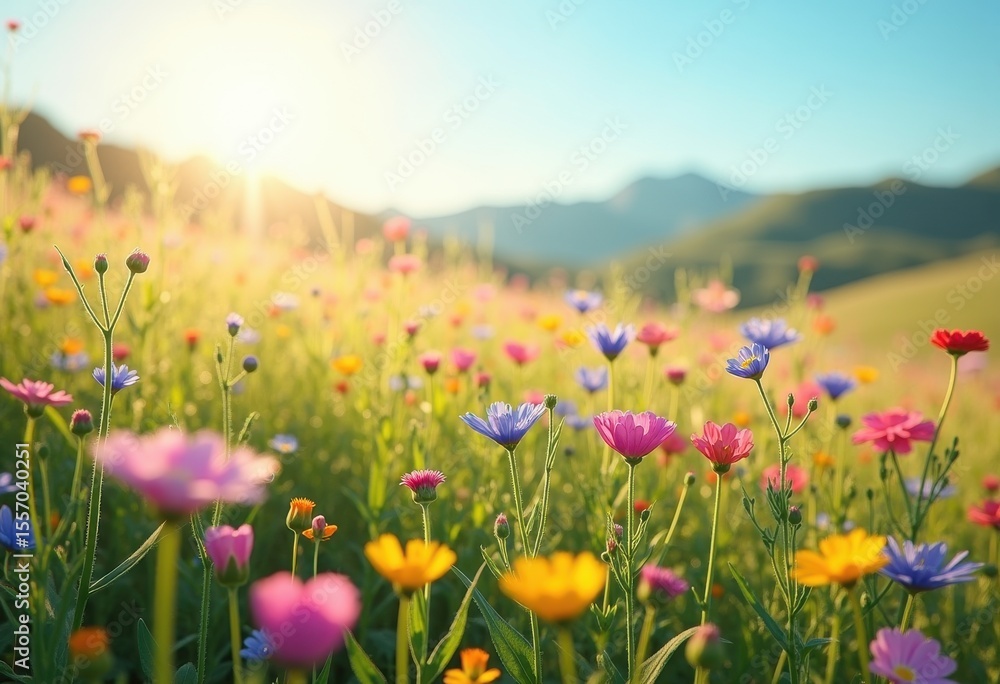 Obraz premium vibrant wildflowers sunny meadow nature blooming flora colorful landscape springtime happiness outdoor serenity, petal, grass, outdoors, scenery, field, daisies