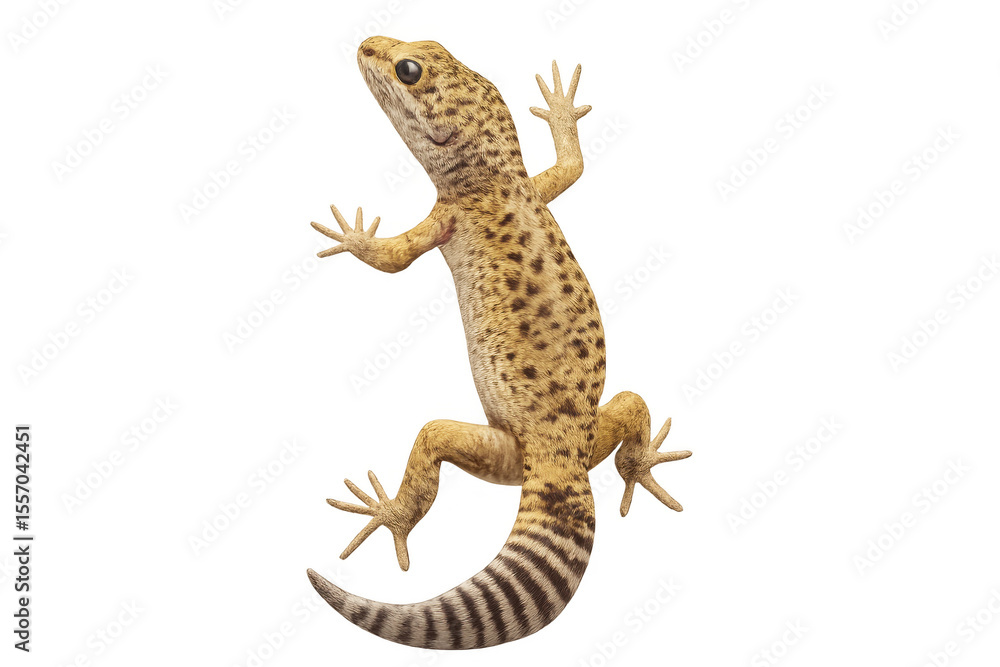 Naklejka premium Leopard gecko climbing transparent backdrop, revealing intricate spotted pattern and vivid coloration, highlighting reptile's delicate skin texture
