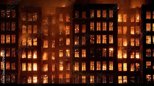 Buildings consumed by a raging fire, spreading through multiple stories in a densely populated urban area