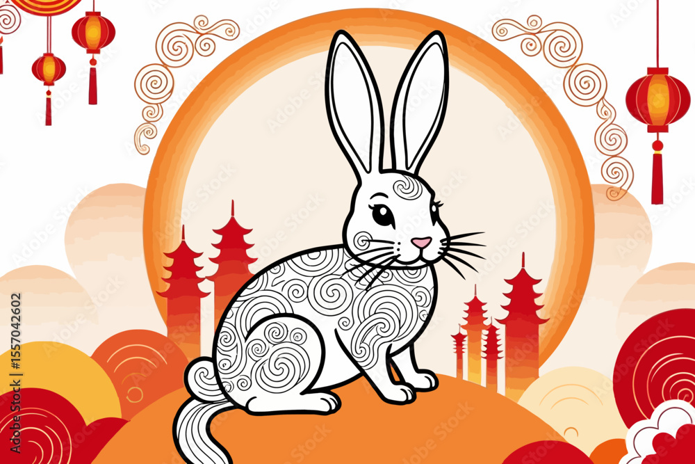 Obraz premium Celebrate Chinese New Year with a Cute Rabbit Illustration - Year of the Rabbit Design - Festive Orange and White Lunar New Year Art-Asian Inspired Rabbit Graphic