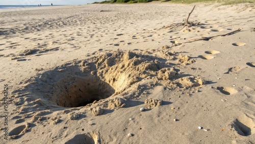 Hole in the sand on the beach surrounded by footprints and vegetation  