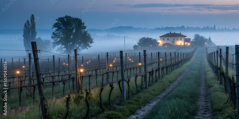 Obraz premium Vineyard landscape fog morning tranquil scene wine country scenic beauty rural italy peaceful atmosphere on transparent background