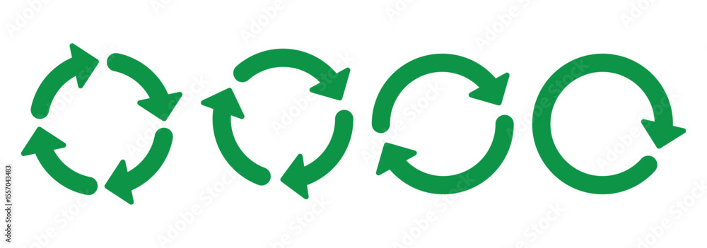 Obraz premium Circle arrow icon set. Green reload vector icon set. Symbol of reload, refresh, loading, recycle and repeat. Interconnecting round arrow vector icons set. Work in progress sign. Vector illustration 