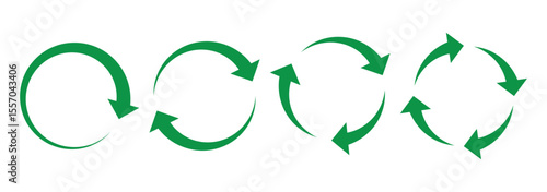 Circle arrow icon set. Green recycle vector icon symbol. Recycle, repeat, refresh icon vector illustration. Work in progress sign. Interconnecting round arrow vector icons set. 