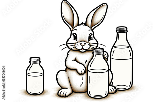Cute Cartoon Bunny with Milk Bottles - Healthy Drink Illustration for Kids - Wholesome Beverage for Children - Fun Dairy Concept - Adorable Rabbit with Nutritious Milk