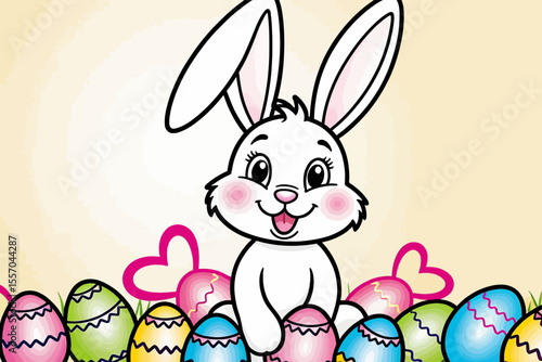 Cute Easter Bunny Cartoon-Colorful Easter Eggs and Decorations-Happy Spring Holiday Illustration-Perfect for Kids and Festive Designs-Easter Bunny Art