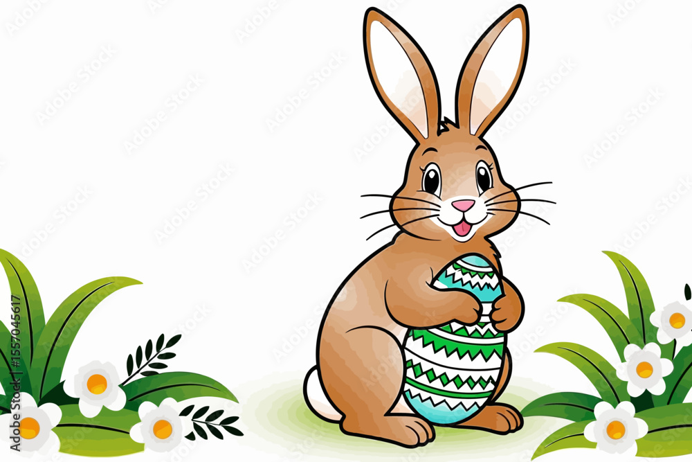 Obraz premium Happy Easter Bunny with Egg- Celebrate Spring- Festive Easter Decoration- Cute Bunny Illustration- Easter Egg Hunt Season- Greeting card design celebration