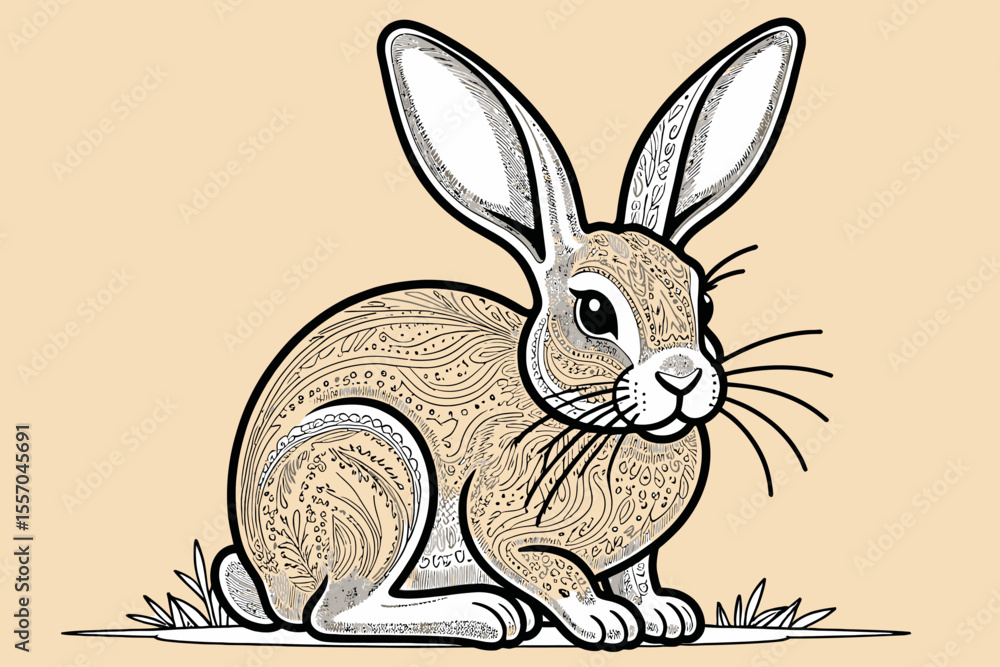 Obraz premium Intricate Bunny Illustration-Detailed Rabbit Artwork-Unique Patterned Hare Design-Animal Art with Elegant Ornamentation-Cute Easter Rabbit Drawing-Whimsical Bunny Decoration