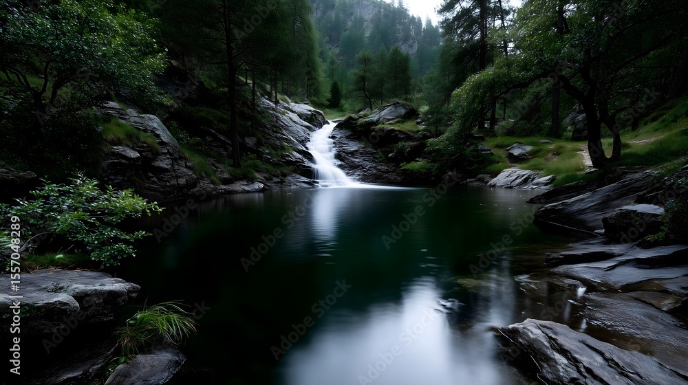 Obraz premium Serene waterfall cascading into tranquil pool surrounded by lush greenery in a peaceful forest setting