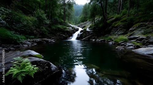 Serene waterfall flowing into tranquil pool surrounded by lush forest during early morning light