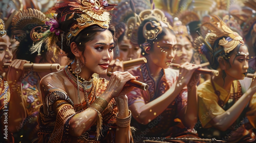 Fototapeta premium Balinese musicians playing bamboo flutes in a vibrant traditional ceremony create a cultural tapestry with ornate costumes.