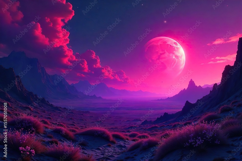 Obraz premium Alien Twilight Bioluminescent Flora Illuminates a Vast Purple and Crimson Plainscape