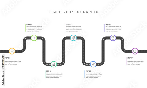 Business road map timeline infographic concept. with icons and 7 steps, workflow layout, diagram, report, web design. Business  Milestone. Vector illustration.