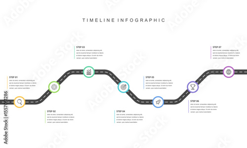 Business road map timeline infographic concept. with icons and 7 steps, workflow layout, diagram, report, web design. Business  Milestone. Vector illustration.