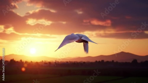 White Dove Flying Against Sunset Sky