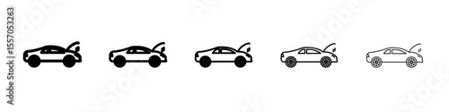 Broken car with open hood icon vector outline symbol or illustration