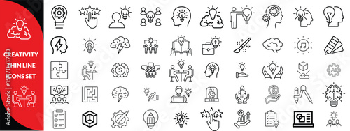 Creativity thin line icons set. Idea, creative solution and thinking, innovation icon. Editable stroke. Vector illustration, big icon set 