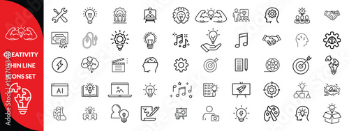 Creativity thin line icons set. Idea, creative solution and thinking, innovation icon. Editable stroke. Vector illustration, big icon set 